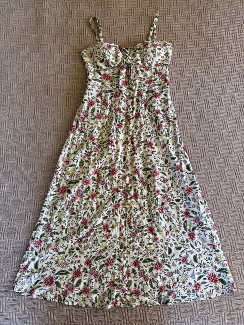 Floral Tie-Front Spaghetti Strap Midi Dress - White with Pink Floral - Picture 3 of 11